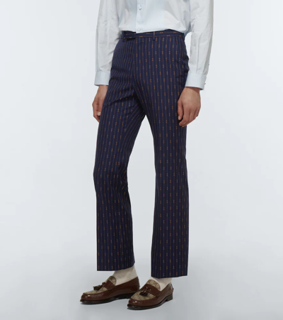 Shop Gucci Horsebit Straight Wool Suit Pants In Bluette/beige