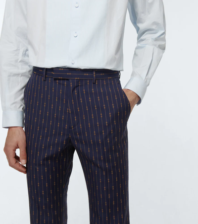 Shop Gucci Horsebit Straight Wool Suit Pants In Bluette/beige