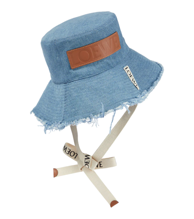 Shop Loewe Logo Frayed Denim Bucket Hat In Blue Denim
