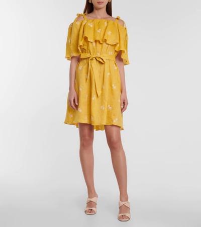 Shop Erdem Vacation Lyra Off-shoulder Linen Dress In Yellow