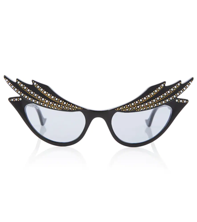 Shop Gucci Embellished Cat-eye Sunglasses In Black-black-violet