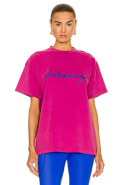 Shop Balenciaga Brush Print Medium Fit T-shirt In Dark Fuchsia & Blue