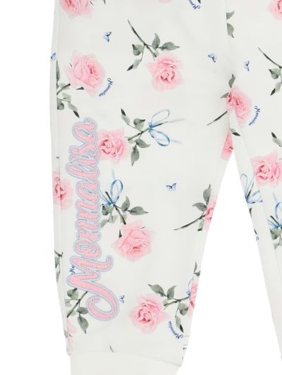 Shop Monnalisa Rose Print Fleece Joggers In Cream + Pink