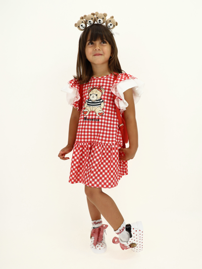 Shop Monnalisa Maxi Bear Gingham Jersey Dress In Cream + Red