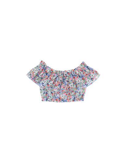 Shop Monnalisa Muslin Top With Flowers And Flounces In Multicolor