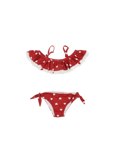 Shop Monnalisa Stretch Bikini With Heart Print In Red + Cream