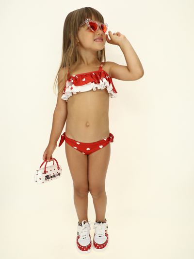 Shop Monnalisa Stretch Bikini With Heart Print In Red + Cream