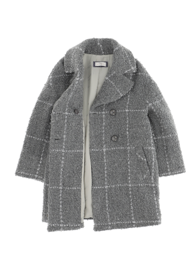 Shop Monnalisa Bouclé Coat With Big Check Pattern In Medium Grey + Silver