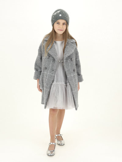 Shop Monnalisa Bouclé Coat With Big Check Pattern In Medium Grey + Silver