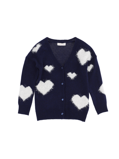 Shop Monnalisa Knitted Hearts Cardigan In Blue + Cream