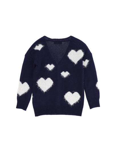 Shop Monnalisa Knitted Hearts Cardigan In Blue + Cream