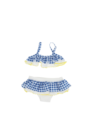 Shop Monnalisa Two-piece Gingham Swimsuit In White + Blue