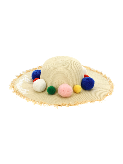 Shop Monnalisa Straw Hat With Flowers In Beige + Multicolor