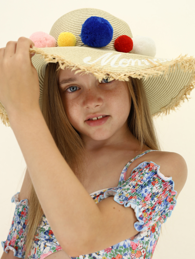 Shop Monnalisa Straw Hat With Flowers In Beige + Multicolor