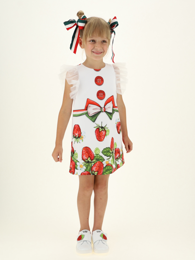 Shop Monnalisa Crêpe Dress W/strawberry Print In White + Red