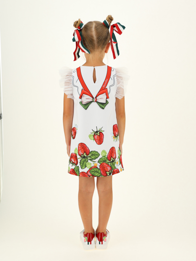 Shop Monnalisa Crêpe Dress W/strawberry Print In White + Red