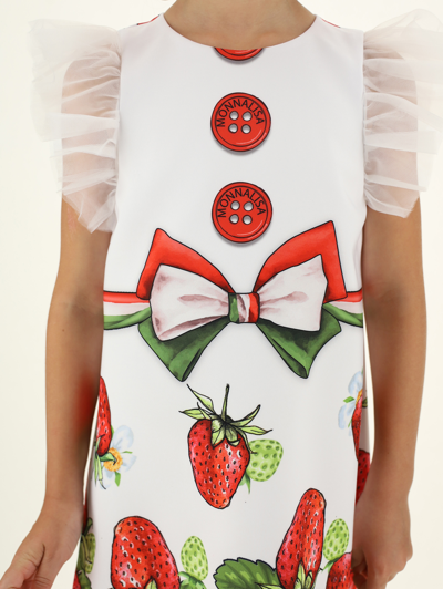 Shop Monnalisa Crêpe Dress W/strawberry Print In White + Red