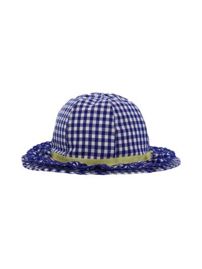 Shop Monnalisa Gingham Hat With Bow In White + Blue