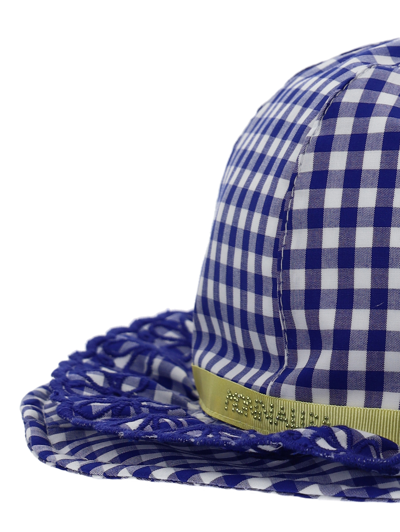 Shop Monnalisa Gingham Hat With Bow In White + Blue