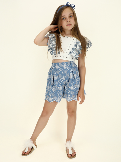 Shop Monnalisa Broderie Anglaise Shorts With Flowers In Steel Blue