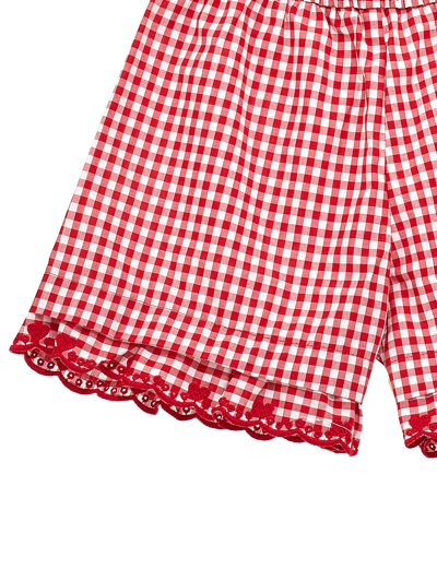 Shop Monnalisa Embroidered Gingham Ruffle Shorts In Cream + Red