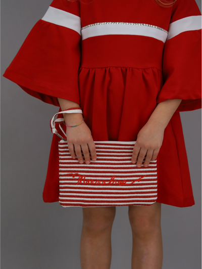Shop Monnalisa Micro Striped Straw Clutch In White + Red