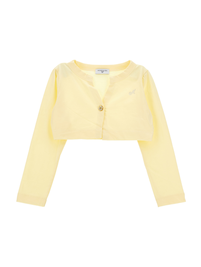 Shop Monnalisa Cotton Cardigan With Rhinestones In Light Yellow