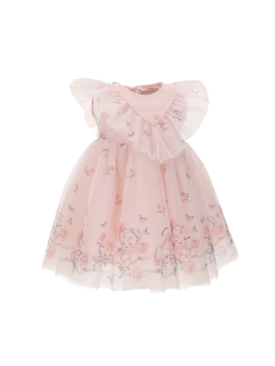 Shop Monnalisa Teddy Bear Print Tulle Dress In Dusty Pink Rose