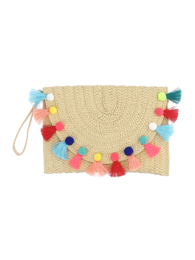 Shop Monnalisa Straw Clutch Bag With Tassels In Ecru + Multicolor