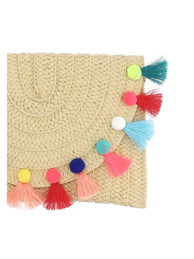 Shop Monnalisa Straw Clutch Bag With Tassels In Ecru + Multicolor