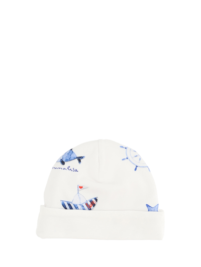 Shop Monnalisa Newborn Baby Marine Print Hat In White + Red