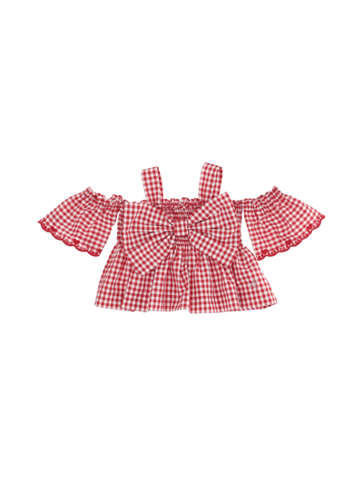 Shop Monnalisa Gingham Embroidered Bow Top In Cream + Red