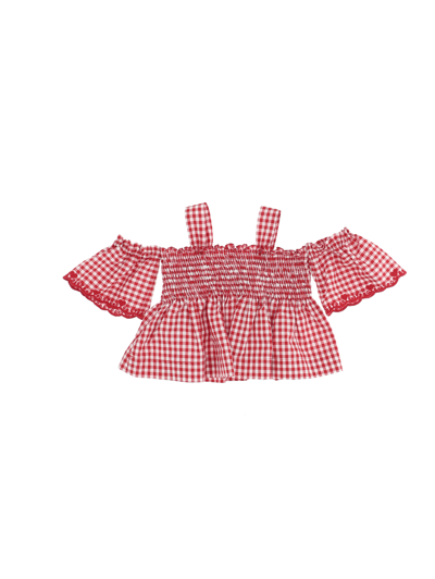 Shop Monnalisa Gingham Embroidered Bow Top In Cream + Red