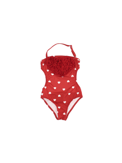 Shop Monnalisa Stretch One-piece Swimsuit With Heart Print In Red + Cream