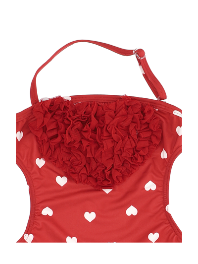 Shop Monnalisa Stretch One-piece Swimsuit With Heart Print In Red + Cream