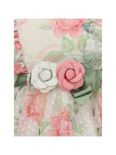 Shop Monnalisa Tulle Dress With Belt And Roses In White