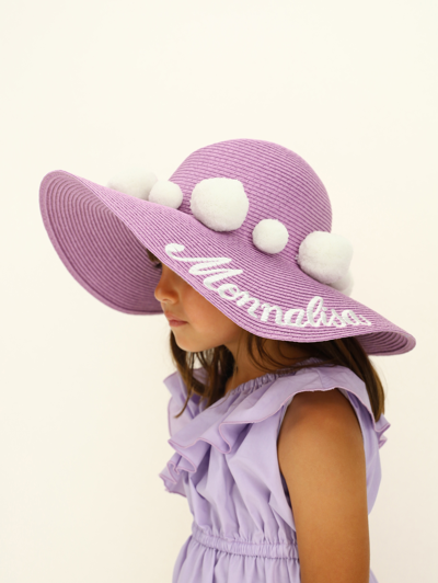 Shop Monnalisa Straw Hat With Logo In Wisteria