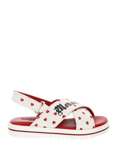 Shop Monnalisa Coated Fabric Heart Strap Sandals In Cream + Red