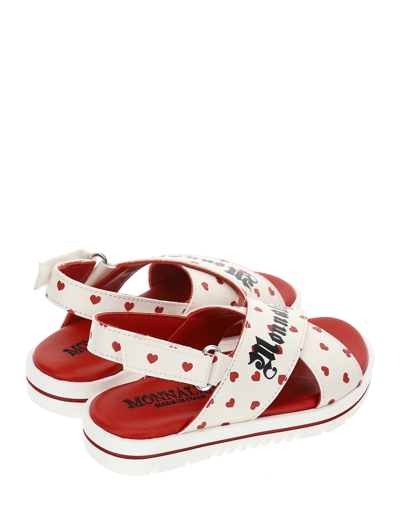 Shop Monnalisa Coated Fabric Heart Strap Sandals In Cream + Red