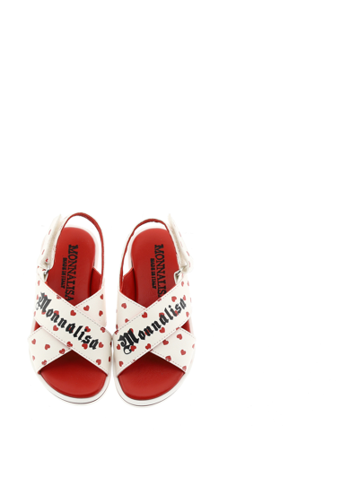 Shop Monnalisa Coated Fabric Heart Strap Sandals In Cream + Red