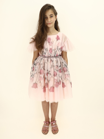 Shop Monnalisa Rose Print Tulle Dress In Dusty Pink Rose