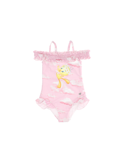 Shop Monnalisa Tweety Cloud One-piece Swimsuit In Dusty Pink Rose