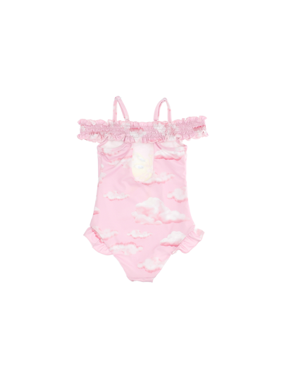 Shop Monnalisa Tweety Cloud One-piece Swimsuit In Dusty Pink Rose