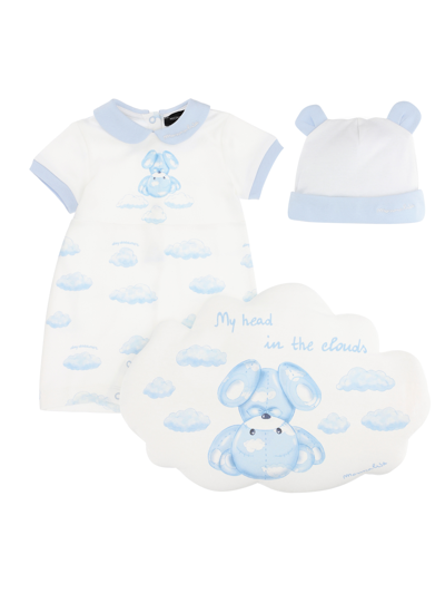 Shop Monnalisa Newborn Set With Playsuit Bonnet And Pillow In Cream White + Sky Blue