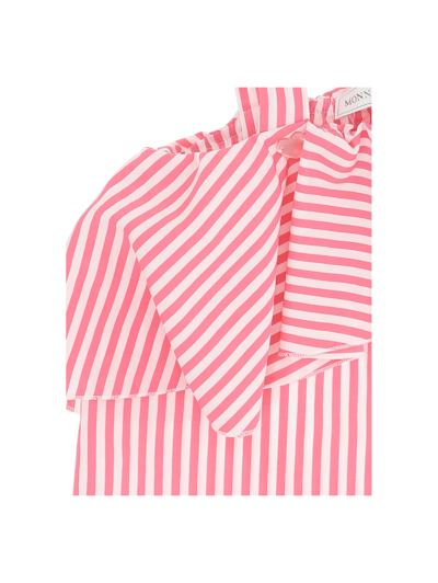 Shop Monnalisa Striped Viscose Top With Asymmetrical Ruffle In White + Fuchsia