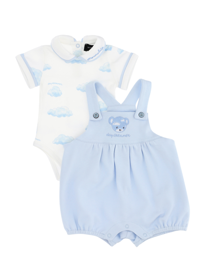 Shop Monnalisa Body And Dungarees Newborn Set In Cream White + Sky Blue