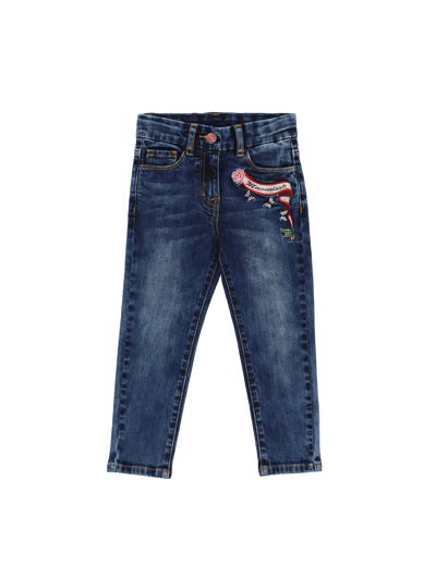 Shop Monnalisa Five-pocket Embroidered Jeans In Blu Stone Denim