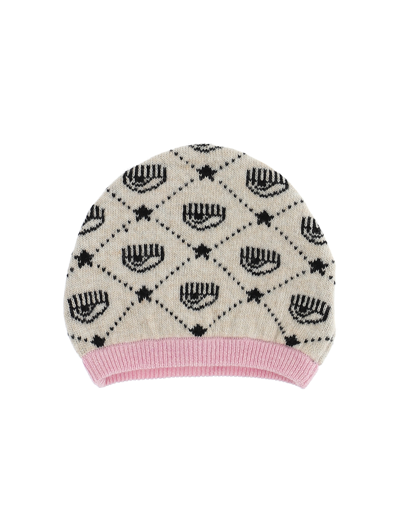 Chiara Ferragni All-over Pattern Beanie In Ecru + Rosa Fairytale
