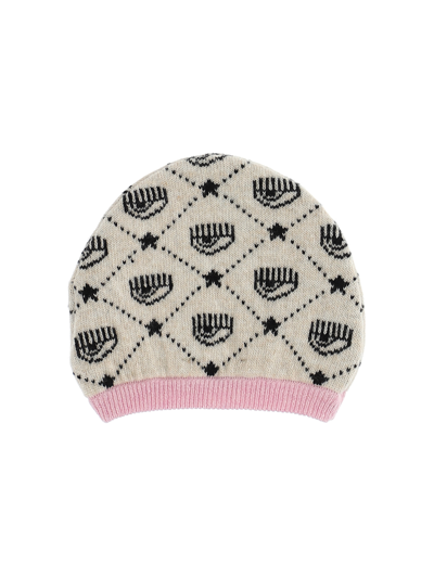 Chiara Ferragni All-over Pattern Beanie In Ecru + Rosa Fairytale