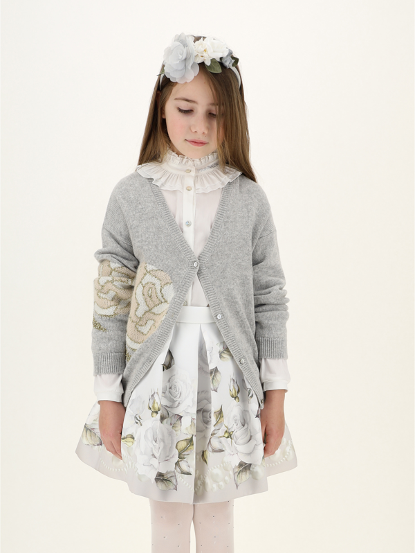Cardigan Fille Monnalisa – Velours Gris à Volants – Taille 130 – Occasion Très Bon État